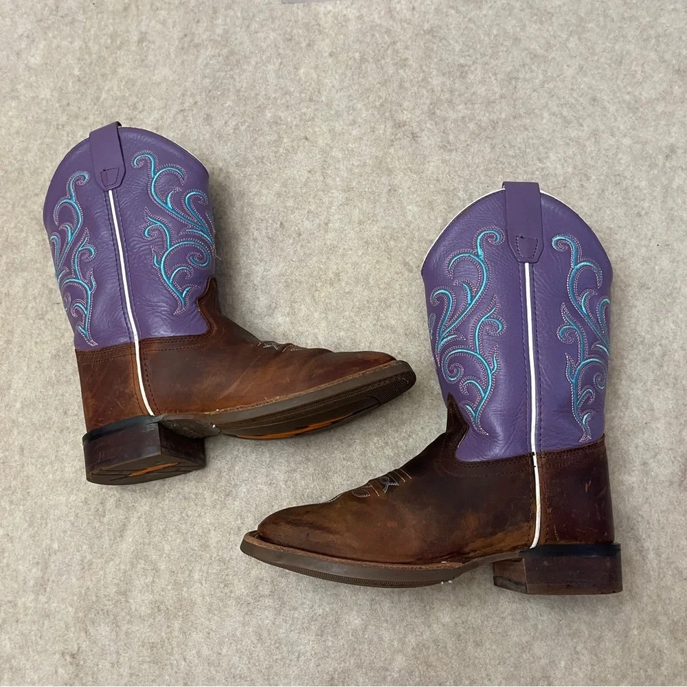 Old West Squared Toe Brown Purple Leather  Cowgirl Western Boots Girls Size 2